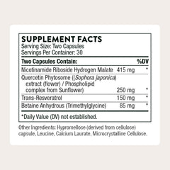 Thorne ResveraCel bottle back label and ingredients disclosure.