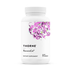 Thorne ResveraCel bottle with capsules showing NAD+ support and healthy aging.