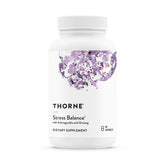 Thorne Stress Balance bottle close-up for daily stress support and supplement details.