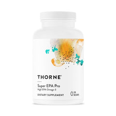 Thorne Super EPA Pro bottle closeup highlighting the premium omega-3 formulation for heart-supporting benefits.