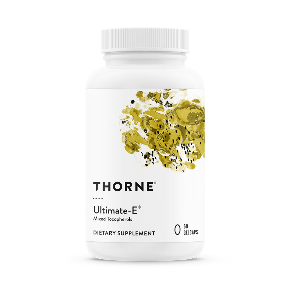 THORNE Ultimate-E bottle front with gluten-free vitamin E formula
