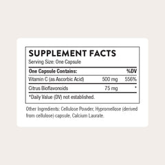 Thorne Vitamin C 500mg bottle label close-up highlighting citrus bioflavonoids.