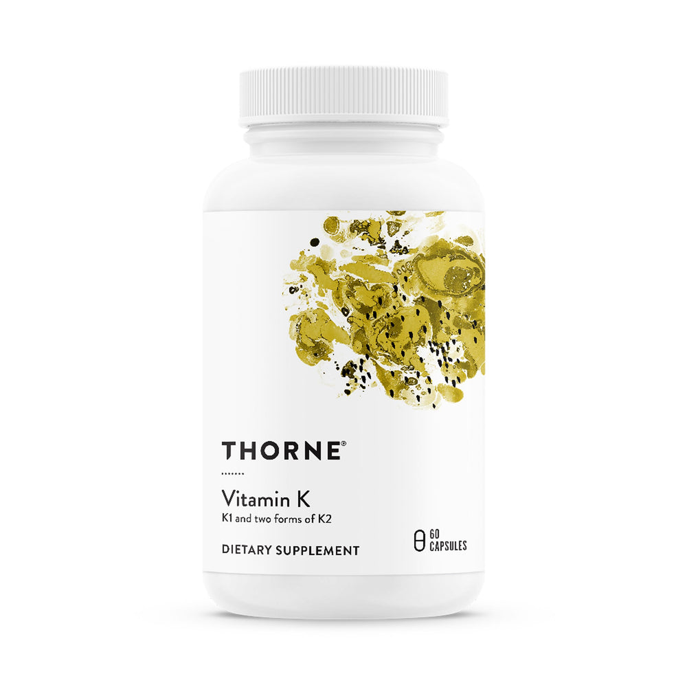 Thorne Vitamin K bottle front shows a clean label for quick selection and reliable bone support.