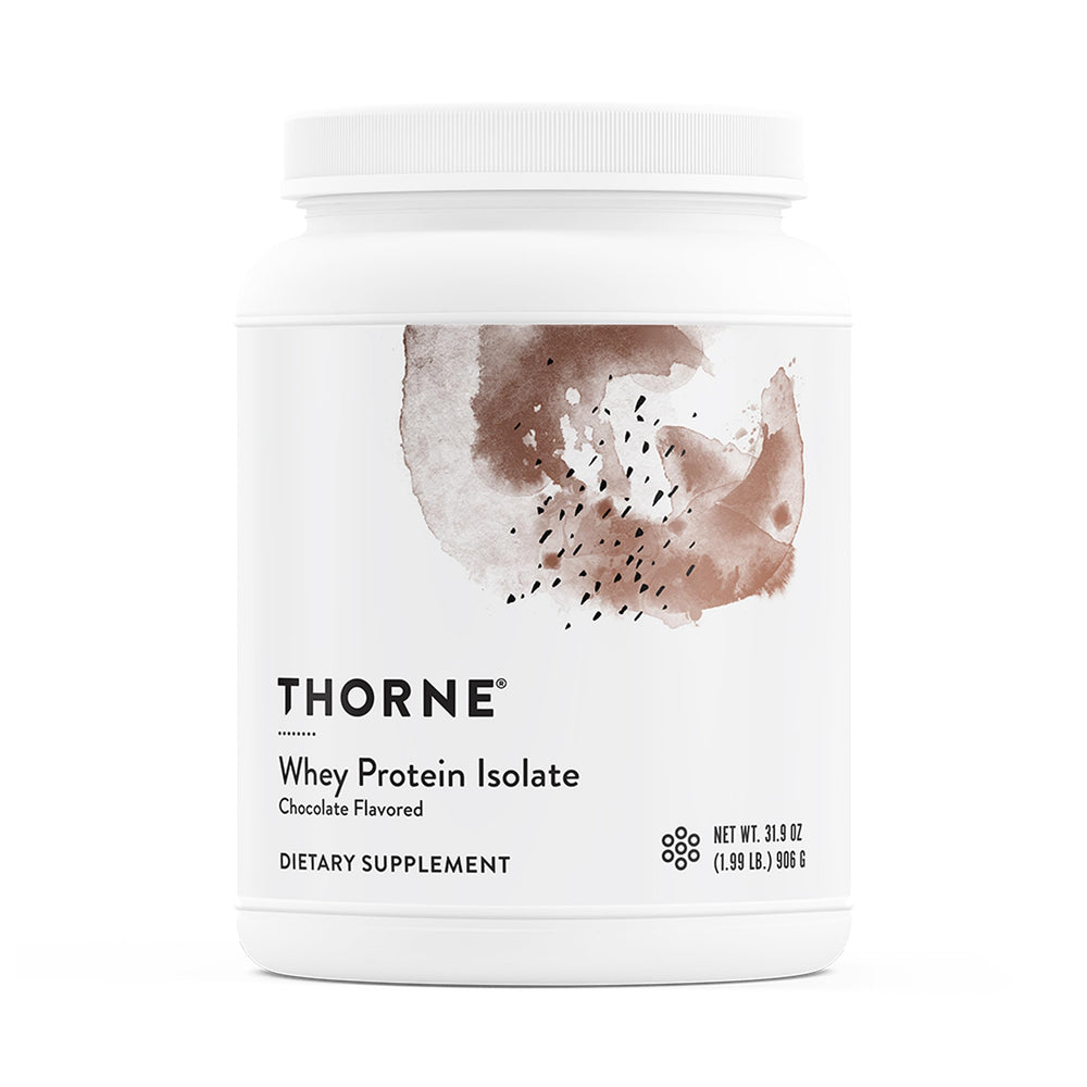 Thorne Whey Protein Isolate chocolate bottle showcases NSF-certified sport quality and protein strength