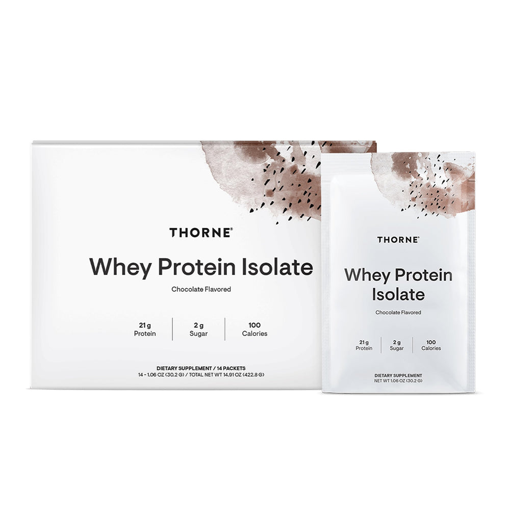 THORNE Whey Protein Isolate chocolate tub visible and ready for post-workout fueling.