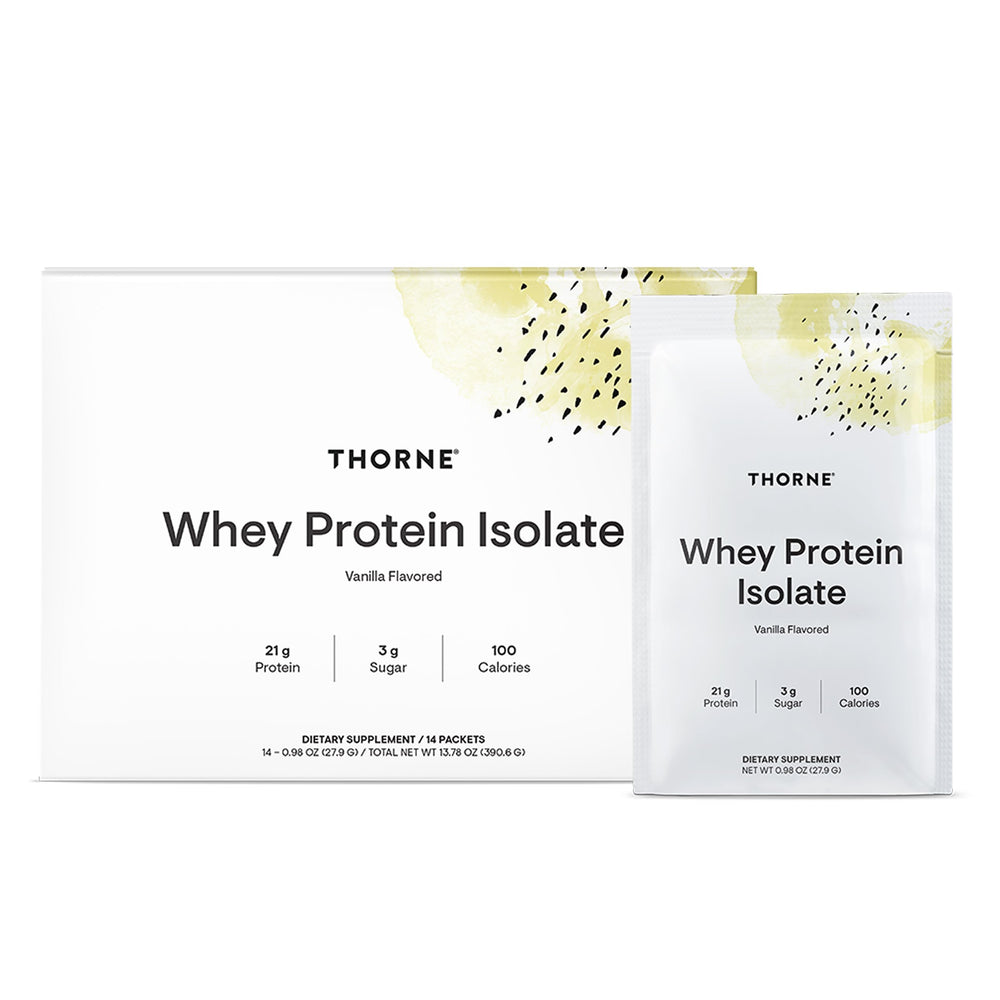 THORNE Whey Protein Isolate vanilla packaging showing 21 g protein per serving for muscle support.