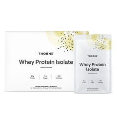 THORNE Whey Protein Isolate vanilla packaging showing 21 g protein per serving for muscle support.