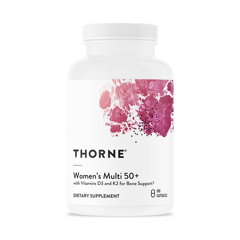 THORNE Women's Multi 50+ bottle label with vitamins for daily wellness.