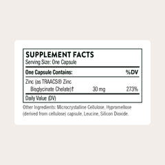 Thorne Zinc Bisglycinate capsules close-up highlighting easy-to-swallow supplement form.
