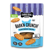 Three Dog Bakery Bark'N Crunch Chicken Chips closeup shows real chicken texture and protein.