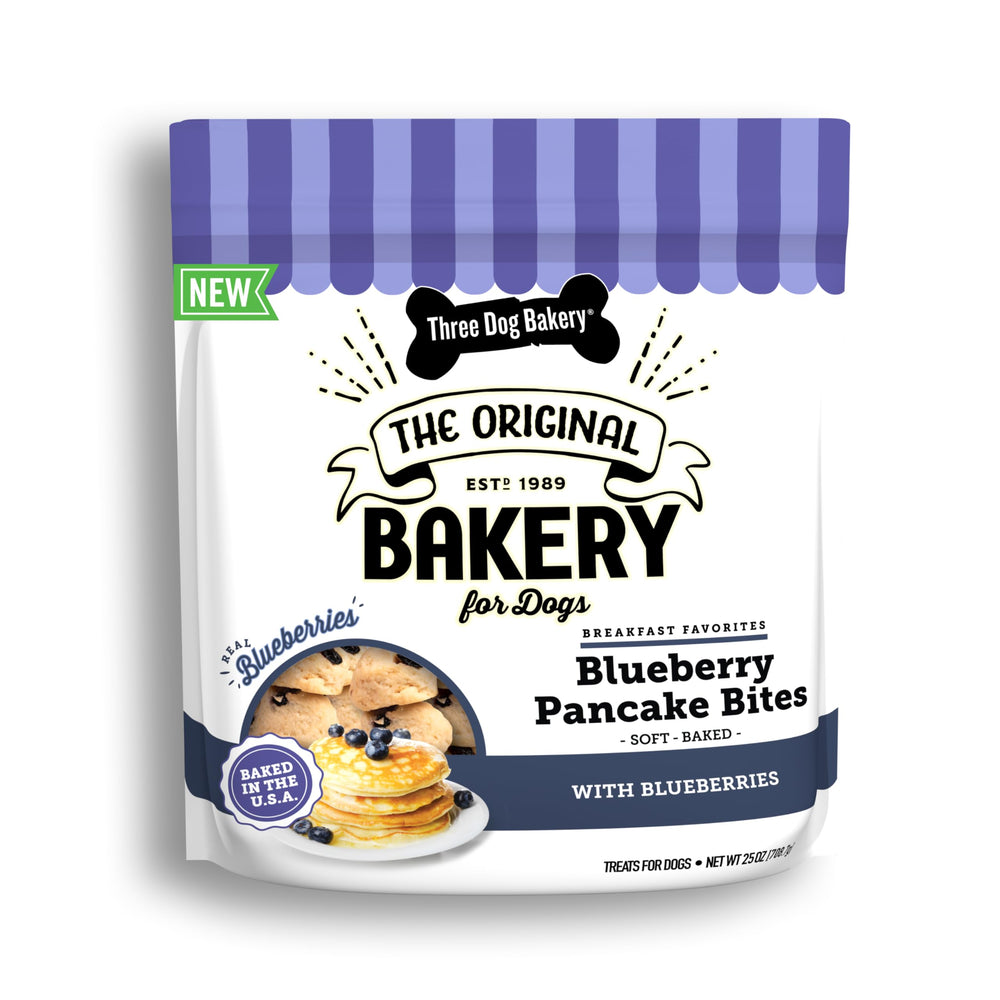 Three Dog Bakery Blueberry Pancake Bites packaging front showing real blueberries for tasty mornings