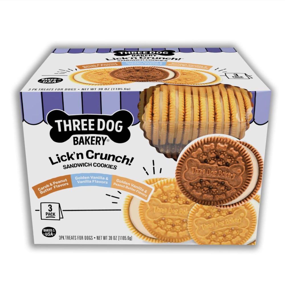 Three Dog Bakery Lick'n Crunch sandwich cookies pack—delicious rewards for dogs of all sizes.