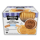 Three Dog Bakery Lick'n Crunch sandwich cookies pack—delicious rewards for dogs of all sizes.