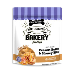 Three Dog Bakery PB&Honey Bites packaging for mess-free training rewards.