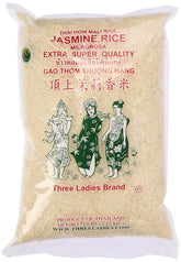 Three Ladies Jasmine rice 5 lb bag, packaging highlights quality and value.