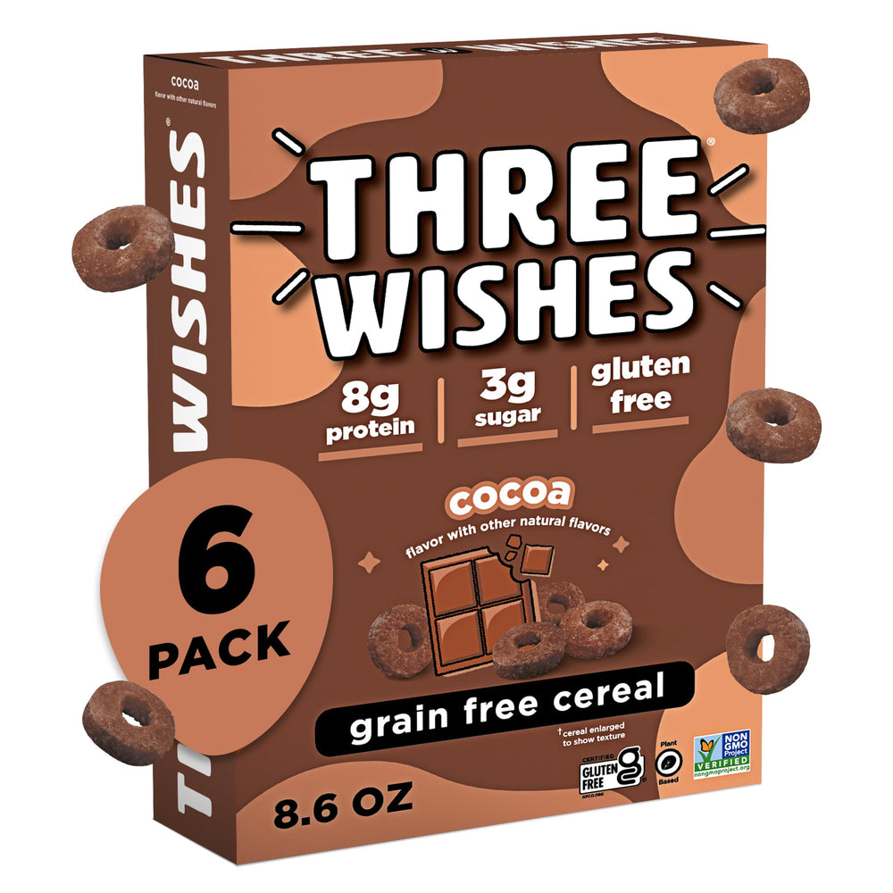 Three Wishes Cocoa cereal bowl highlights real cocoa flavor and a protein-rich breakfast