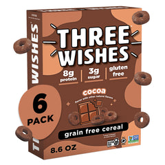 Three Wishes Cocoa cereal bowl highlights real cocoa flavor and a protein-rich breakfast