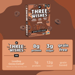 Three Wishes Cocoa cereal ingredients closeup; no wheat or soy, plant-based