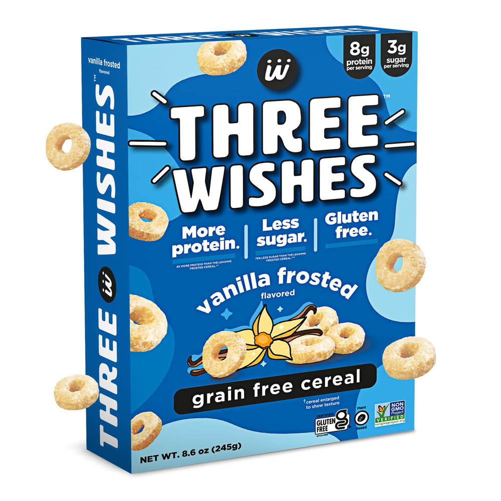 Three Wishes Frosted cereal box front highlights gluten-free packaging.