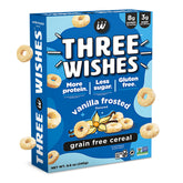 Three Wishes Frosted cereal box front highlights gluten-free packaging.