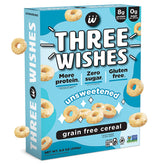 Three Wishes unsweetened cereal in a bowl with milk, a gluten-free breakfast option.