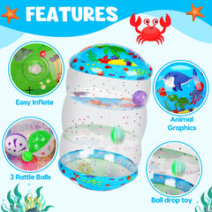 Thremhoo inflatable rolling toy with two rattling balls to encourage exploration.