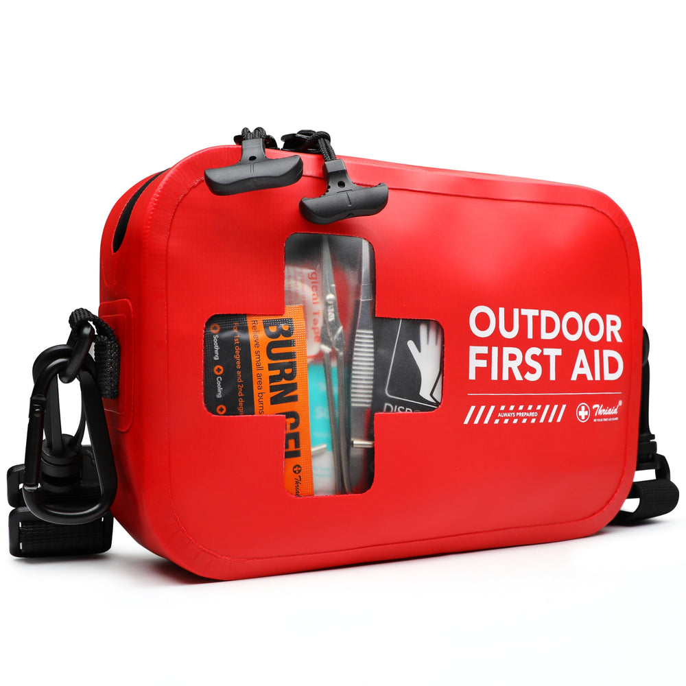 THRIAID 152-Pcs Waterproof First Aid Kit front view showing compact portability for outdoor use