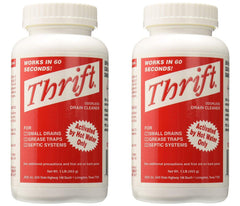 Thrift T-100 granular drain cleaner in a bottle targets kitchen and bathroom drains.