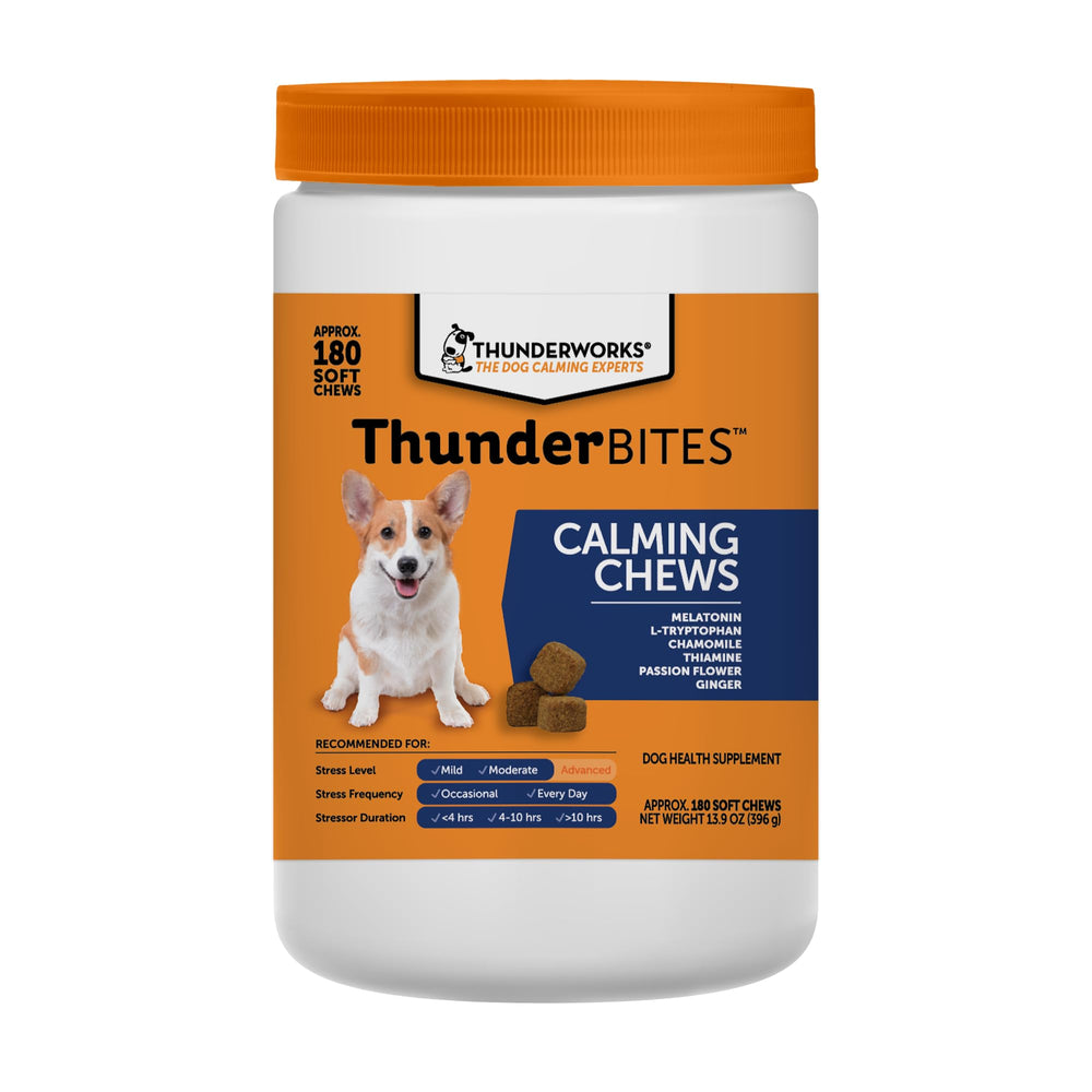 ThunderBites bottle front showing calming chews for dog stress relief