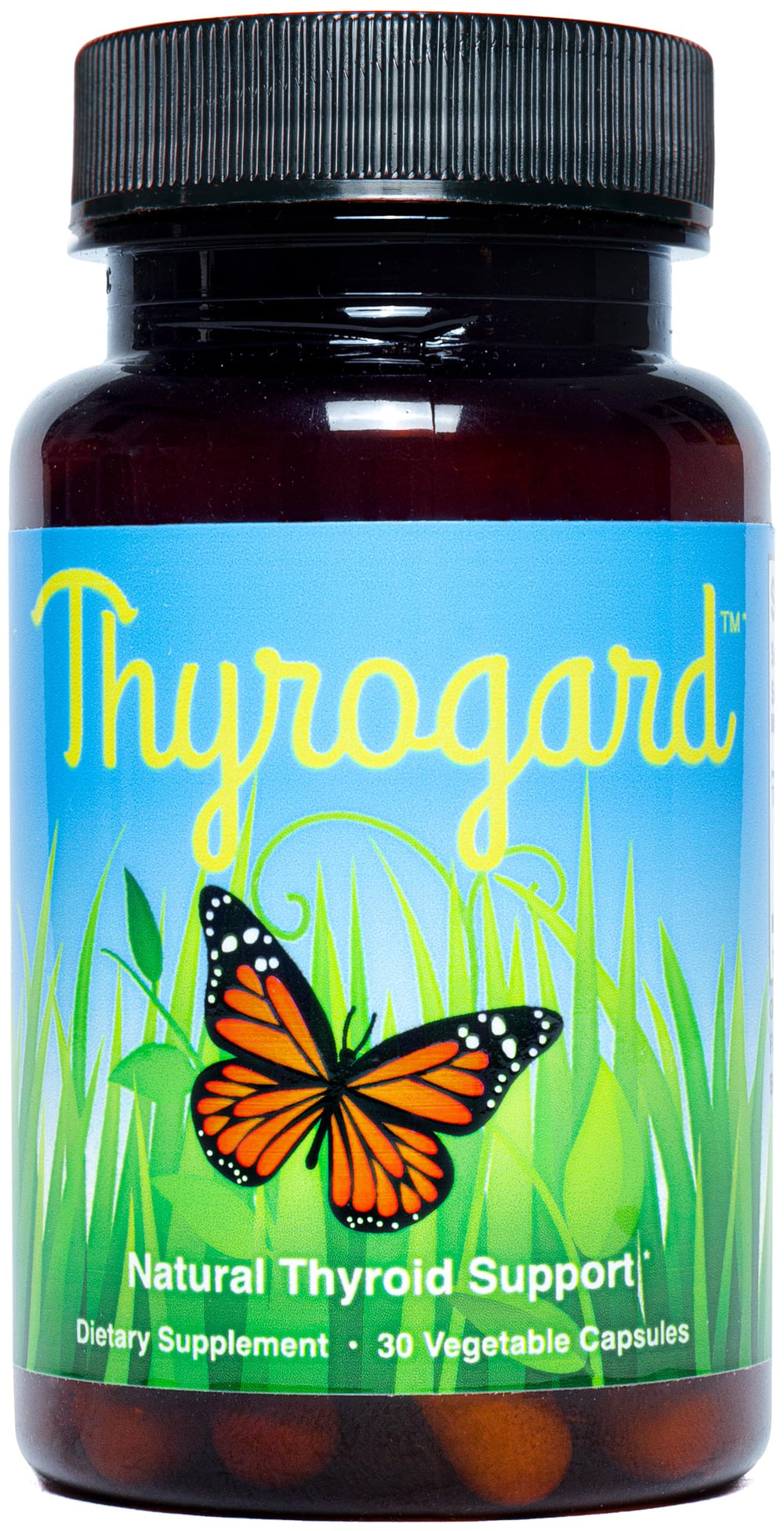 Thyrogard bottle front showing the natural formula for thyroid balance