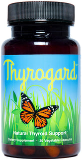 Thyrogard bottle front showing the natural formula for thyroid balance