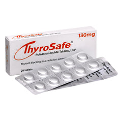 ThyroSafe 130mg tablets bottle pour, convenient access in an emergency kit.