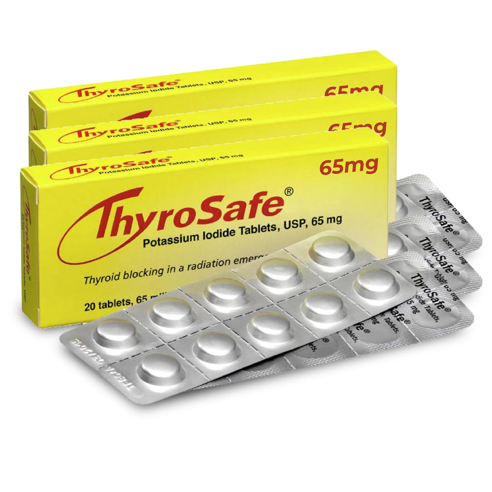 THYROSAFE 65mg potassium iodide tablets bottle front for quick emergency access.