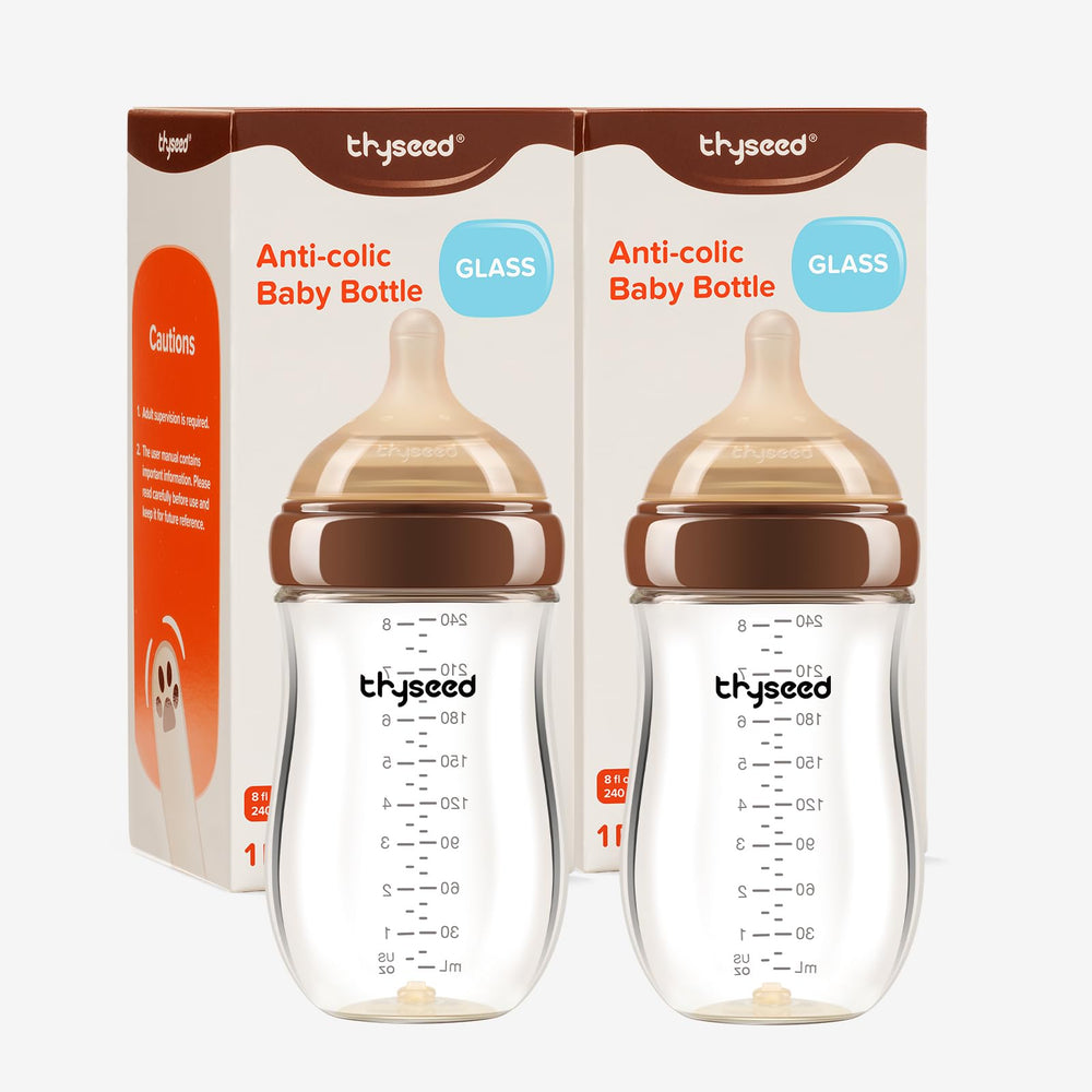 Thyseed anti-colic glass bottle with base vent for calmer, less gassy feeds.