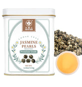 Tian Hu Shan Jasmine Dragon Pearls tea tin preserves fragrance and convenience.