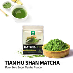 Tian Hu Shan matcha in baking dish highlighting vibrant green batter.