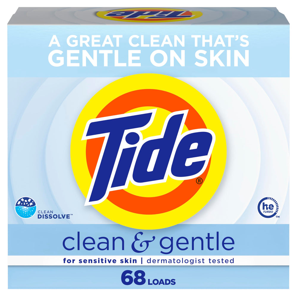 Tide Clean and Gentle powder box, unscented and dye-free for sensitive skin.