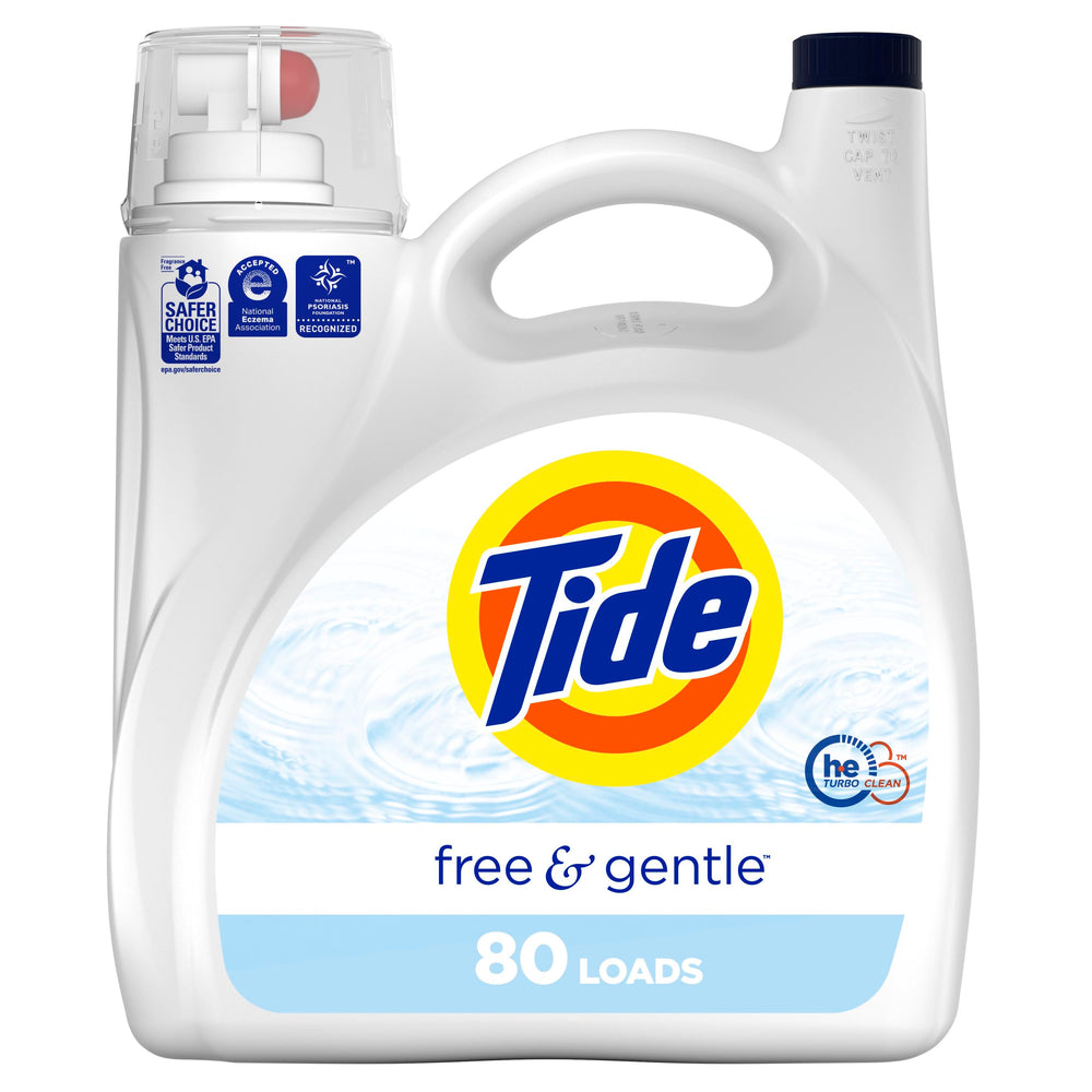 Tide Free & Gentle bottle pour shows gentle fabric care in every load
