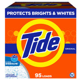 Tide Original Powder Detergent bottle pour demonstrates quick dissolution for color-safe cleaning