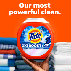 Tide Oxi Boost Power PODS dispensing demonstrates mess-free, pre-measured cleaning for loads.