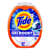 Tide Oxi Boost Power PODS packaging highlights easy dosing and powerful stain fighting.