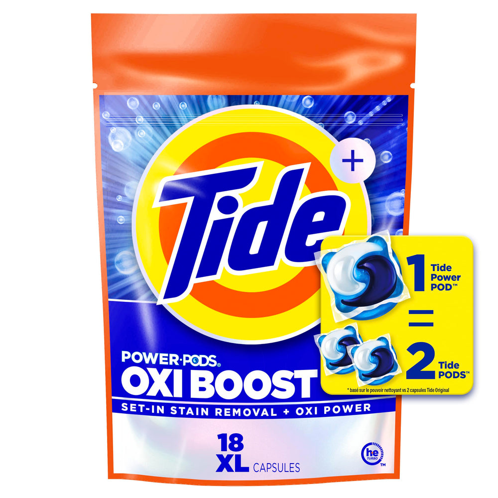 Tide Oxi Boost Power PODS dispense pod shows easy dosing for tough stains