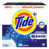 Tide Plus Bleach powder detergent tub front view highlighting whitening power