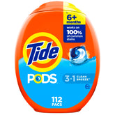 Tide PODS 112-count pack front view, a convenient one-step laundry solution.