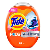 Tide PODS with Downy in the washing machine drum for easy, powerful cleaning.