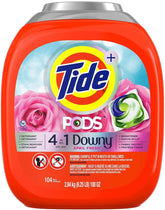 Tide PODS Downy April Fresh pack shows a 104-count box for easy laundry.