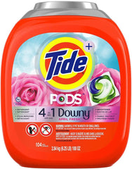 Tide PODS Downy April Fresh pack shows a 104-count box for easy laundry.