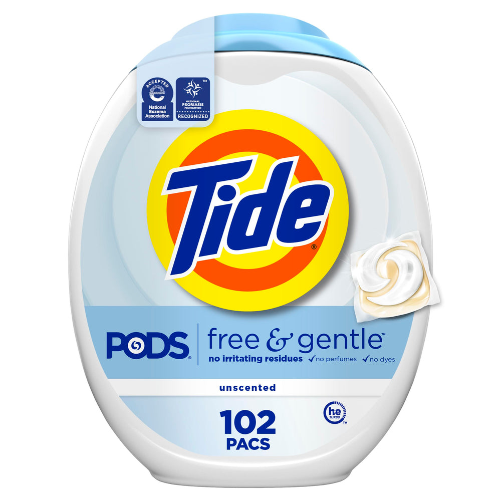 Tide PODS Free & Gentle pacs in drum ready for quick laundry loads.