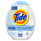 Tide PODS Free & Gentle pacs in drum ready for quick laundry loads.