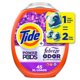 Tide Power Pods with Febreze Spring & Renewal pack front showing all-in-one cleaning and freshness